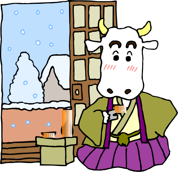 The cartoon depicts a cow standing inside an indoor room with snow outside through windows adorned by Christmas decorations; it is wearing glasses on its eyes and holding what appears to be a cup of coffee in one hand, while smoking from another using chopsticks as if they were cigarettes.