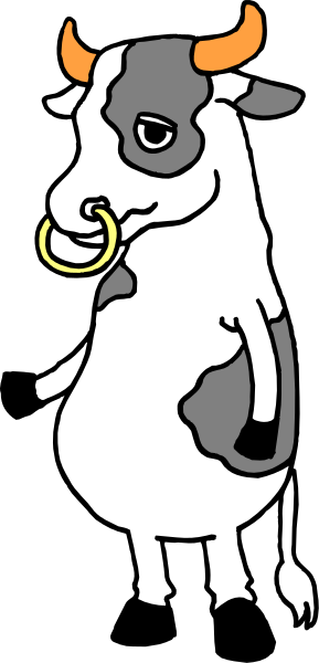 The image shows a cartoon cow with horns standing on two legs against a white background.