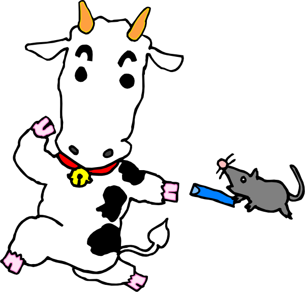 The cartoon shows a cow with horns standing on two legs next to an animated mouse that is holding what appears to be a blue object in its hand while running away from the cow.