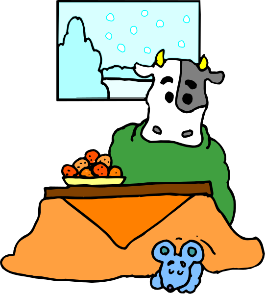 The illustration depicts a cozy scene with an animated cow sitting on top of a table next to various fruits like apples and bananas in bowls. A small blue elephant is also present near some carrots, while two teddy bears sit atop blankets or rugs that are spread out below the main subjects. The background features snowflakes falling against an evening sky with a silhouette of mountains visible through it.