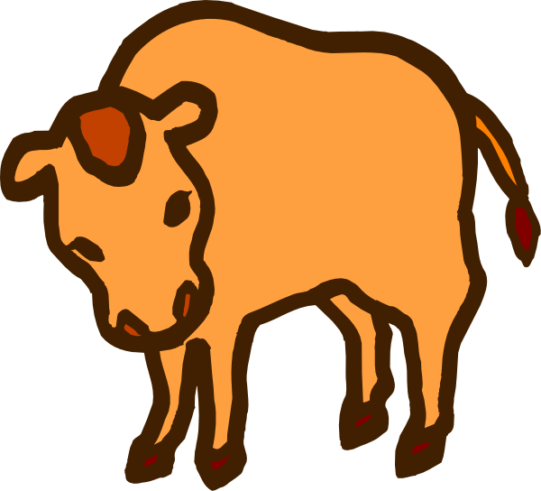 The image shows a cartoon of an orange cow standing on two legs with its head turned to look at something off-screen.