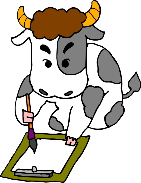 The cartoon depicts a cow sitting at an easel with paper on it, holding a pencil over its head as if writing something down while looking intently into what appears to be a clipboard in front of itself.