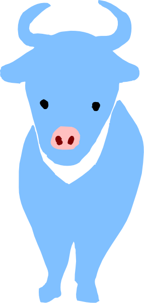 The image shows a blue cartoon cow with red eyes standing behind vertical lines that create an illusion of depth within its body cavity; it is set against a gray background.