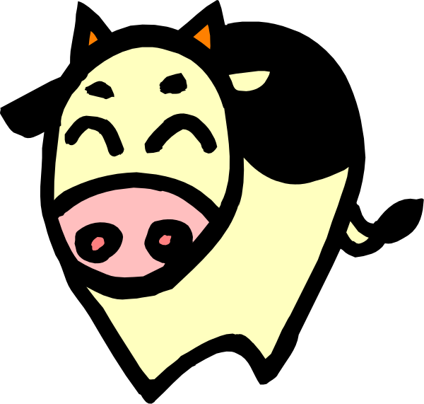 The image shows a cartoon of an animated cow with two horns on its head wearing bat wings, smiling at the viewer against a black background.