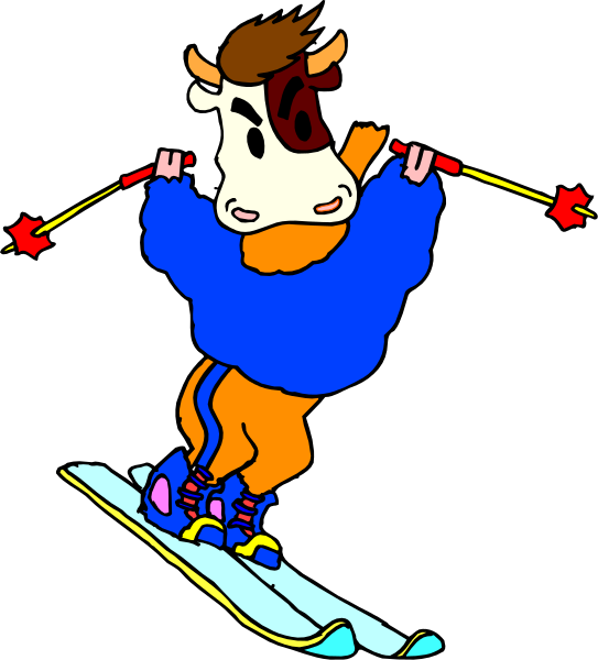 The cartoon depicts a cow on skis with its arms outstretched for balance while riding downhill.
