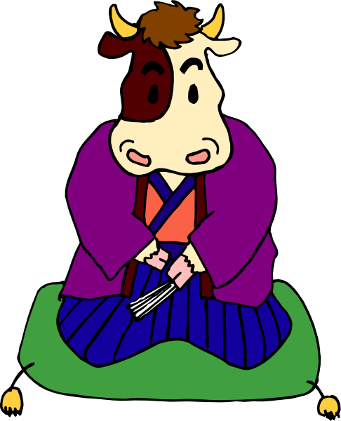 The illustration shows a cartoon cow with horns wearing an obi (a traditional Japanese garment) sitting on its haunches in front of what appears to be chopsticks placed over rice inside a bowl, which is set against a dark background that resembles nighttime or shadowy setting.