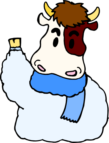 The cartoon depicts a cow with horns wearing a blue scarf around its neck standing next to an ice cream cone that has been knocked over onto itself in front of it on what appears to be snowy ground, suggesting cold weather conditions and possibly wintertime or holiday season given the presence of mistletoe.