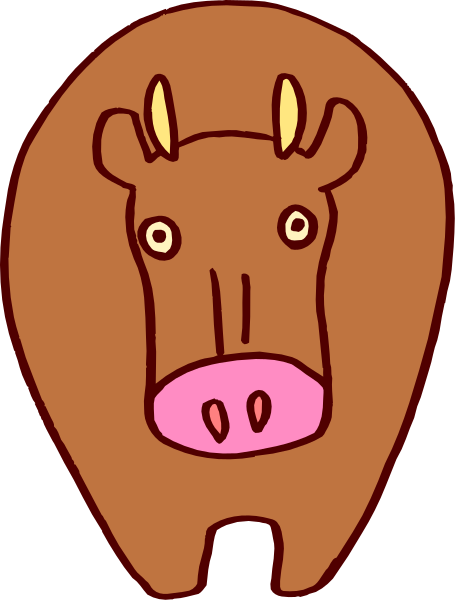 The image shows a cartoon of an animal that resembles a cow with two horns on its head; it has large eyes and is colored brown against a white background.