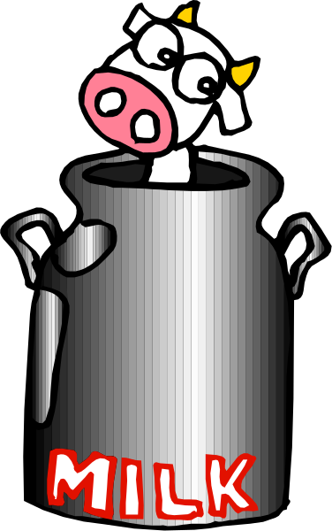 The cartoon shows a milk can with an anthropomorphic cow inside it labeled "MILK."