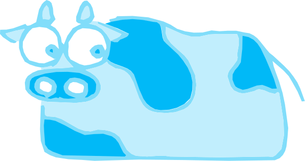 The image shows a cartoon cow with exaggerated features such as large eyes and ears, lying on its side next to what appears to be an ice cream cone-shaped object that is also blue in color.