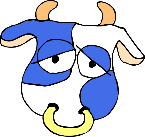 The image shows a cartoon depiction of two cows with human facial features; each cow has blue fur on its body while one is predominantly white in color. They have large eyes that appear to be looking upwards, and their mouths seem slightly open as if they are speaking or singing.