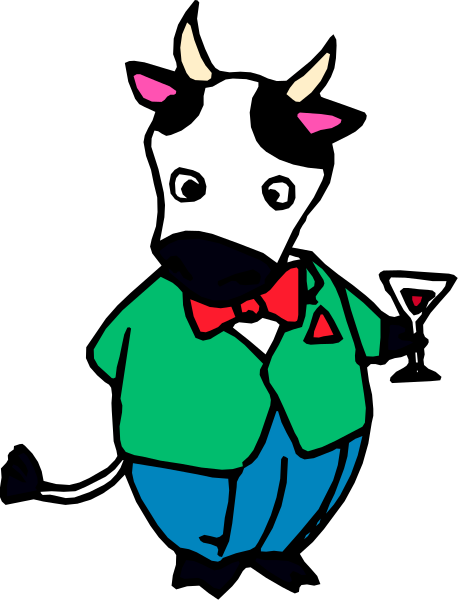 The cartoon depicts a cow wearing glasses with devil horns on its head standing upright like a human, dressed as an anthropomorphic character in blue jeans, red bow tie, green vest, holding what appears to be a martini glass and has one leg raised up while smiling at the viewer.