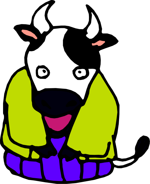 The image shows a cartoon cow sitting on its hind legs with an open mouth as if speaking, wearing what appears to be human clothing including pants and shoes in shades of blue and yellow respectively.