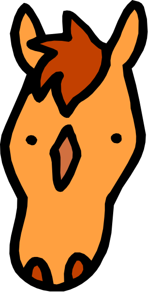The image shows a cartoon of an orange horse with brown mane standing against a black background.