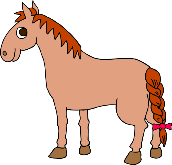 The image shows a cartoon of two horses: on the left side there is an adult horse with braided hair standing next to its foal that has one braid in front.