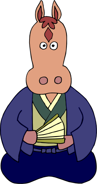 The cartoon shows a horse's head with human features wearing glasses, holding what appears to be an object resembling a book in its mouth while standing upright against a plain background.