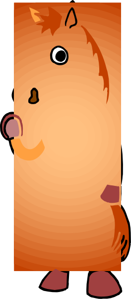 The image shows a cartoon of an orange horse standing behind a vertical black line with its head sticking out from either side to create two distinct halves; it appears as if there is one large whole in between where you would expect to see part of the body, but instead only half-visible legs are shown.