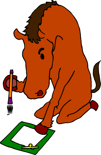 The image shows a cartoon of an orange horse sitting at a desk with paperwork on it, holding a pencil in its mouth while looking downward as if reading from papers placed before itself.