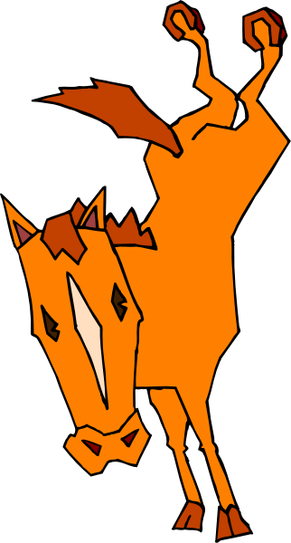 The image shows a cartoon of an orange horse with red eyes standing upright on its hind legs against a black background.