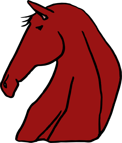 The image shows a red silhouette of an animated horse standing upright on its hind legs with no visible head against a black background.