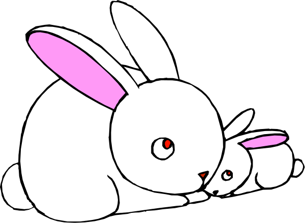 The image shows three cartoon rabbits lying down with their heads resting on each other's backs against a black background; there is no text present in this clip-art illustration.