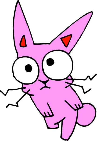 The image shows a pink cartoon cat with red eyes standing upright on its hind legs against a black background.