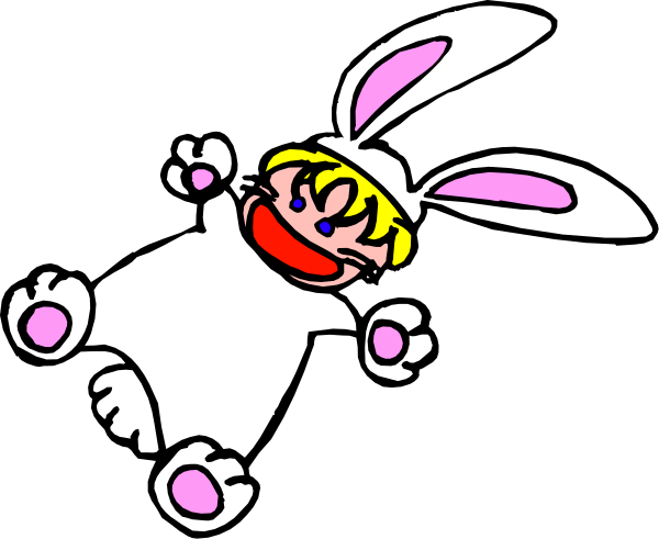 The image shows a cartoon rabbit with big eyes sitting on top of an Easter egg basket that is filled to overflowing with colorful eggs.