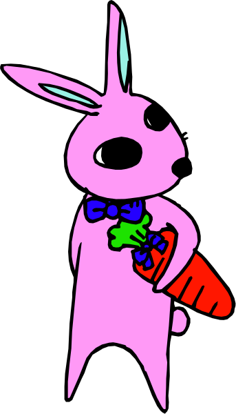 The image shows a pink cartoon rabbit holding an orange carrot with blue eyes on it while standing next to what appears to be a black wall in front of which there is another similar bunny figure, also wearing a bow tie and carrying flowers; both figures have white noses and ears.
