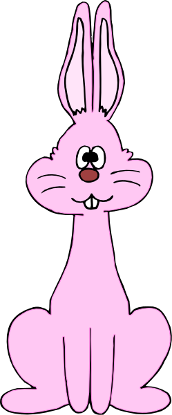 The image shows a pink cartoon bunny with big eyes sitting upright on its hind legs against a black background.
