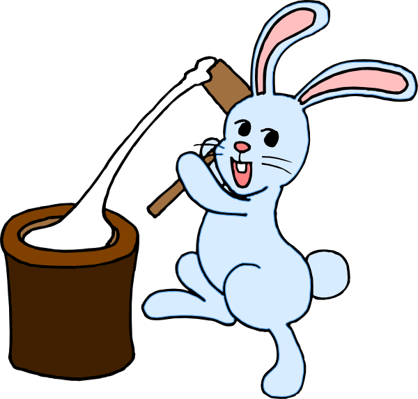 The cartoon shows two images of a blue rabbit with white fur inside an oven baking something; it's holding a wooden spoon in one hand while stirring food from another pot on top of its head, and there is a bucket next to him filled with batter or dough that he seems to be using.