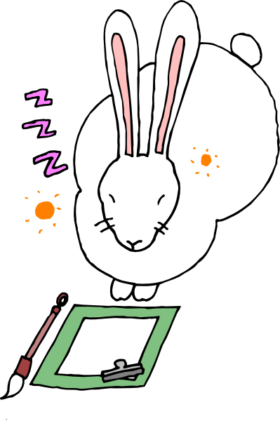 The cartoon depicts a white rabbit sitting at an easel with paper on it, holding a pencil over its head as if writing; there is also a thought bubble above the bunny's head containing various objects and text that suggest creativity or ideas being generated.