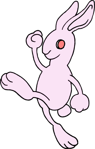 The image shows a cartoon rabbit with red eyes standing on its hind legs against a black background.