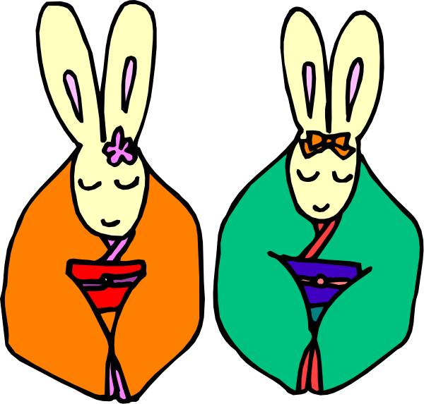 The image shows three cartoon rabbits with different colored backgrounds: blue on top left, orange on bottom right, and green in between them all wearing a red bow tie; each has closed eyes as if sleeping peacefully under their respective colorful canopies or umbrellas.
