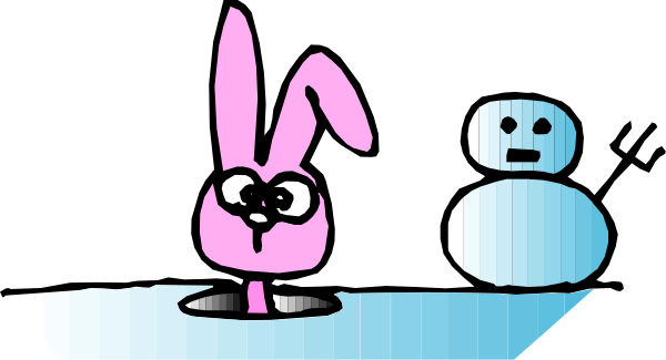 The image shows a cartoon rabbit standing next to an ice cream cone with eyes on it that is placed near another object resembling a snowman in what appears to be winter attire; both characters seem anthropomorphic and have human-like features, such as arms and legs.