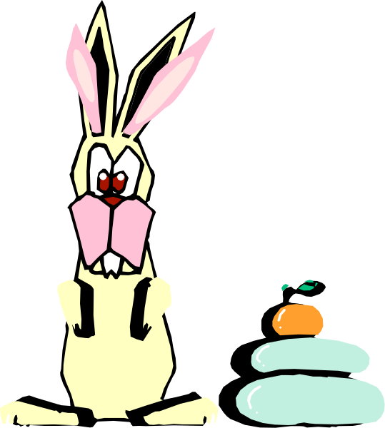 The image shows a cartoon rabbit sitting next to an Easter basket with carrots inside it on top of what appears to be a stack of books in front of him; there is also another bunny standing behind them, and both have pink noses and ears.