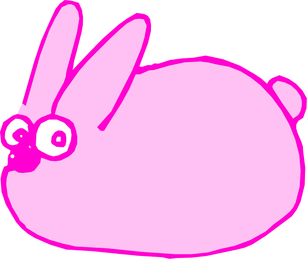 The image shows a pink cartoon bunny lying down with two ears sticking up from its head on what appears to be grass in an outdoor environment.