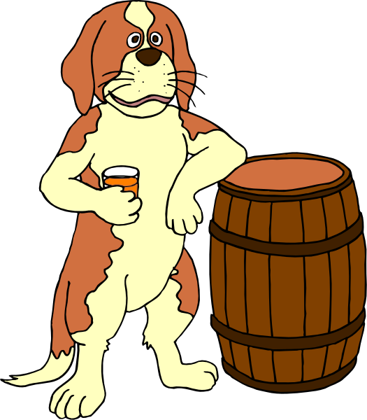 The cartoon depicts a brown dog standing next to two wooden barrels with its paw on top of them; it is holding an orange in one hand while leaning against another barrel.