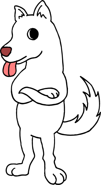 The image shows a cartoon of an anthropomorphic dog standing upright on its hind legs with arms crossed over itself, wearing sunglasses, inside what appears to be a black square frame against a white background.