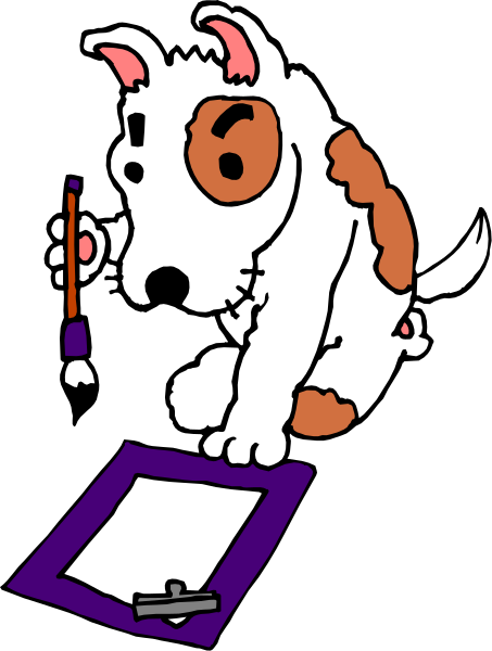 The cartoon shows a white dog sitting on top of an open notebook with its paw resting on it as if writing in ink pen; next to the book is a clipboard holding what appears to be paperwork, and there's another piece of paper nearby where the dog seems to have drawn something.