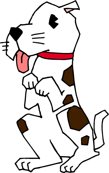 The image shows a cartoon dog with its tongue out standing on two legs against a black background.
