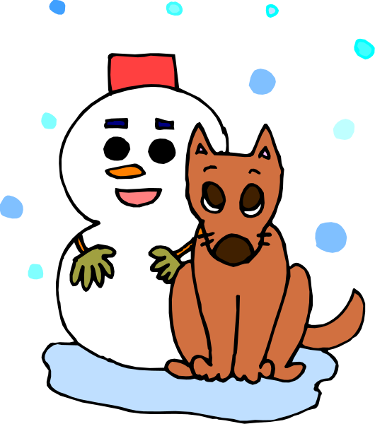 The image features a cartoon depiction of an anthropomorphic dog sitting next to a snowman with arms outstretched in front of it on what appears to be a wintery background.
