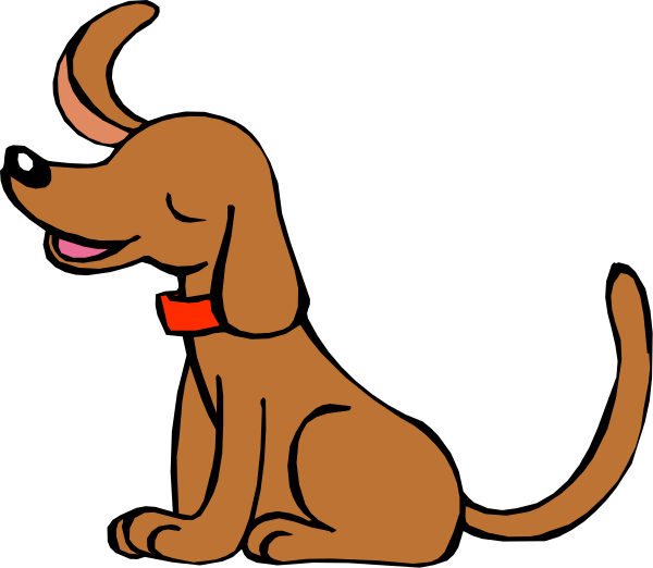 The image shows a cartoon dog sitting on its hind legs with an exaggeratedly happy expression, looking upwards towards something off-frame while wearing what appears to be a red collar around its neck.