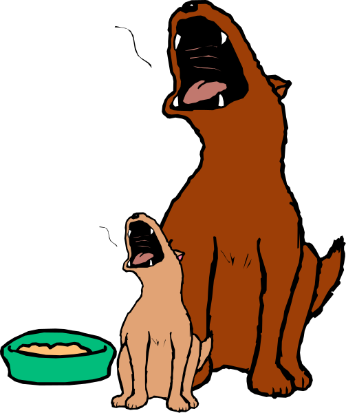 The cartoon shows a brown dog standing on its hind legs next to an adult dog that is sitting down with both dogs looking at something off-frame while holding onto each other's ears in anticipation of food, and there is a bowl placed between them; all set against a black background.