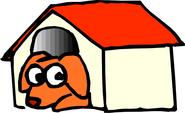 The image shows a cartoon dog sitting inside an illustrated house with red walls and white trim.