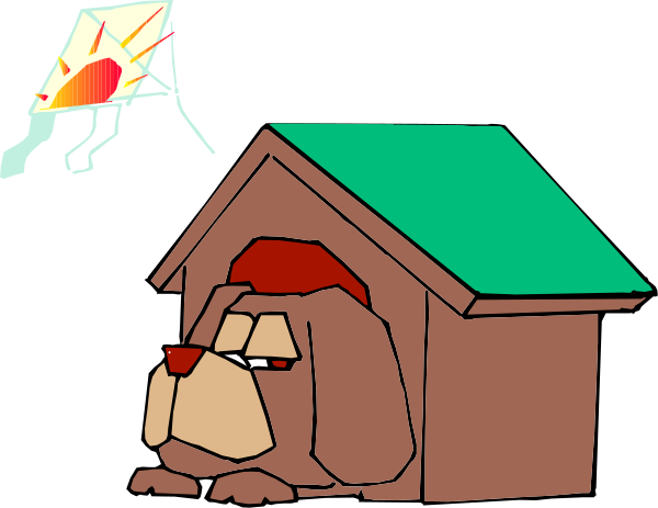 The cartoon shows a dog sitting inside an open house with its head resting on top of it while looking out through two windows at what appears to be rain outside; there's also lightning depicted in red above, and below is a small blue bird flying by.