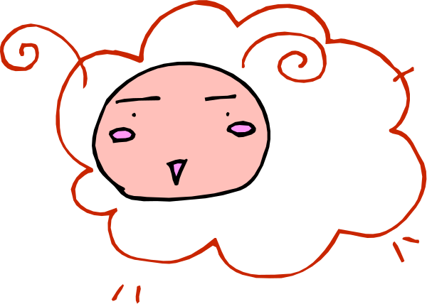 The image shows a cartoon of an anthropomorphic sheep with pink fur wearing glasses, standing on top of white clouds against a black background.