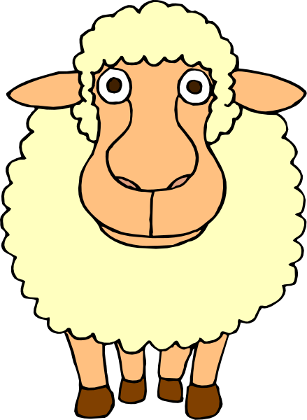 The image shows a cartoon of an animated sheep with big eyes looking directly at the viewer against a plain background.