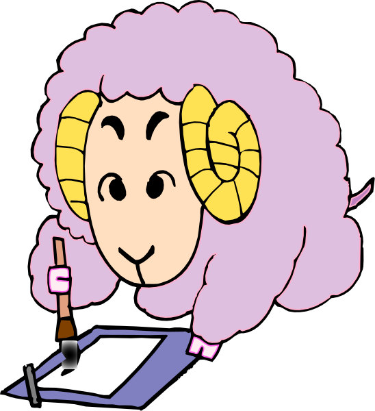 The cartoon depicts a sheep with human characteristics sitting at an easel writing on paper using ink pen while holding it in its mouth.