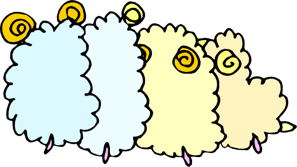 The image shows a row of colorful cartoon sheep with different expressions on their faces against a black background.