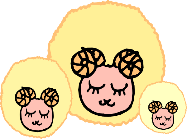 The image shows a cartoon of three sheep with human eyes and hair, each wearing different accessories: two have horns while one has ears; all wear sunglasses over their closed eyes. They appear to be floating in space against an orange background that resembles flames or sunbeams.